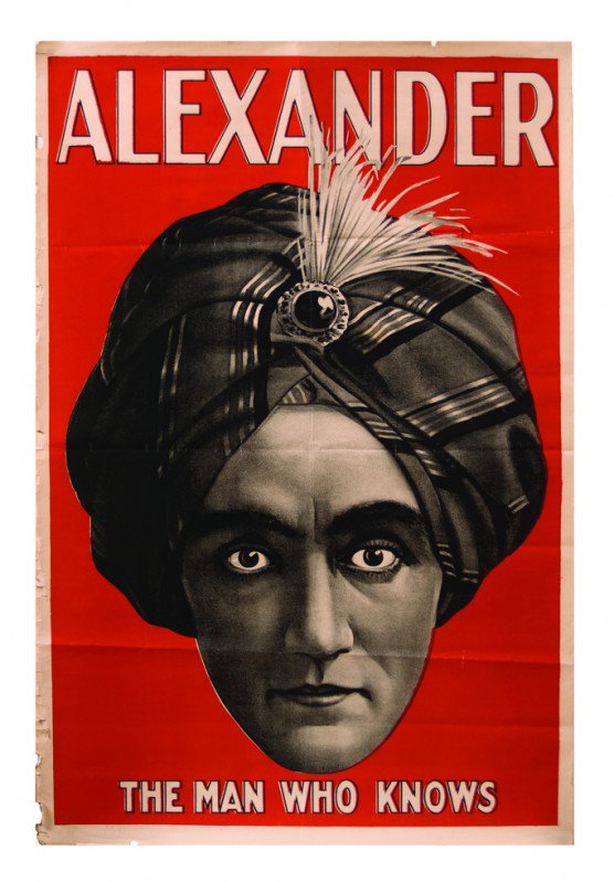Alexander The Alexander the Man Who Knows poster: Alexander (Claude Alexander Conlin). Alexander the Man Who Knows. [Bombay, Av Yaga], ca. 1920. Striking one-sheet (28 x 40") color lithograph poster depicting Alexander's turbaned head on a red field.
