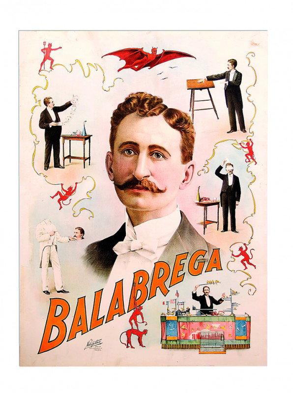 Balabrega, "The Swedish Wonder" ca. 1880 lithograph: Balabrega (John N. Miller). Balabrega. New York, The Metropolitan Printing Co., ca. 1880. One-sheet (29 ½ x 40") color lithograph depicting a central portrait of "The Swedish Wonder" surrounded by vi
