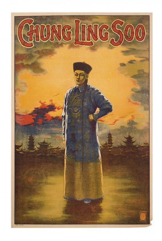 Chung Ling Soo portrait w/sunset. Full color litho.: Chung Ling Soo (William Ellsworth Robinson). Chung Ling Soo. Ashton Under Lyne, Horrocks & Co., ca. 1915. Half-sheet (20 x 30") color lithograph depicting a full-length portrait of Soo in Chinese garb