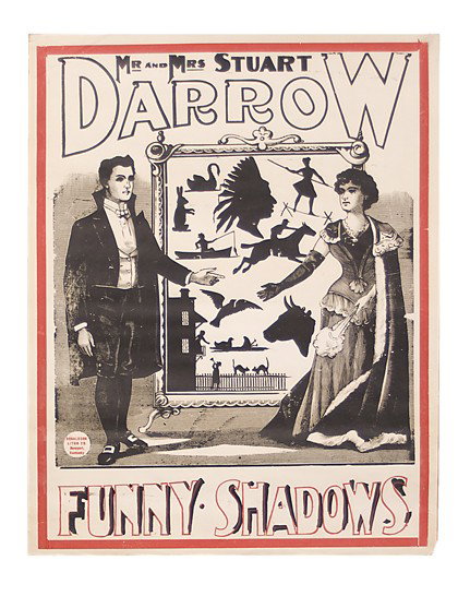 Mr. and Mrs. Stuart Darrow. Funny Shadows. poster.: Darrow, Stuart. Mr. and Mrs. Stuart Darrow. Funny Shadows. Newport, Donaldson Litho, n.d. Half-sheet (22 x 29") two-color silk-screened poster depicting the Darrows and the shadowgraph figures present