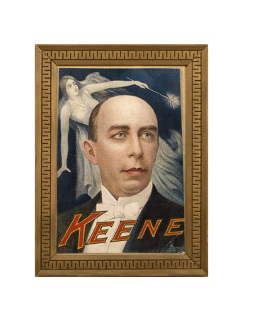 Keene. full color litho w/c, ca. 1920, framed: Keene. Keene. Cleveland, Morgan Litho., ca. 1920. Small color lithographed window card (9 ½ x 14") bearing a portrait of Keene with a fairy floating above his head. Framed and glazed; not examined ou