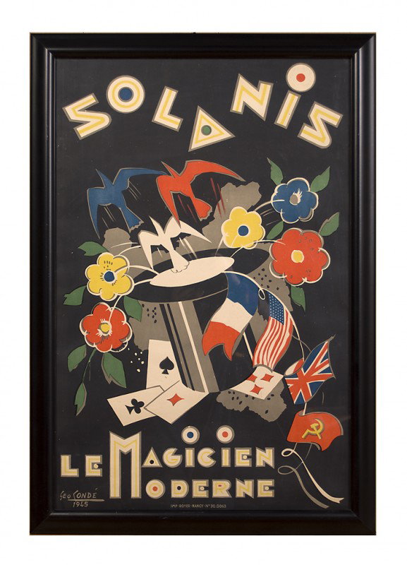 Solanis Le Magicien Moderne. 1/2 sheet ca. 1945: Solanis. Solanis Le Magicien Moderne. N.p., Royer Nancy, ca. 1945. Half sheet (20 x 28") color poster depicting flags of the WWII allied powers, flowers, birds and playing cards erupting from a magici