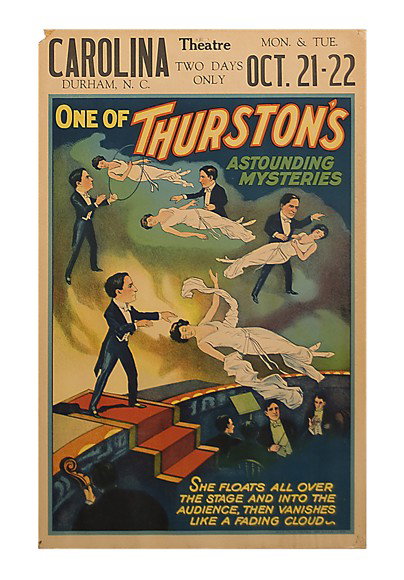 One of Thurston's Astounding Mysteries w/c ca 1926: Thurston, Howard. One of Thurston's Astounding Mysteries. Cleveland, Otis Lithograph Company, ca. 1926. Color lithograph window card (14 x 22") depicting scenes from Thurston's performance of his levi