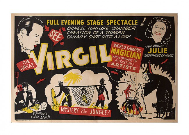 See The Great Virgil! Mystery of the Jungle! 1949: Virgil (Virgil Mulkey). See The Great Virgil! Mystery of the Jungle! Mason City, Central Show Printing Co., ca. 1949. One-sheet (42 ¼ x 28") three-color poster depicting scenes from Virgil's show, an
