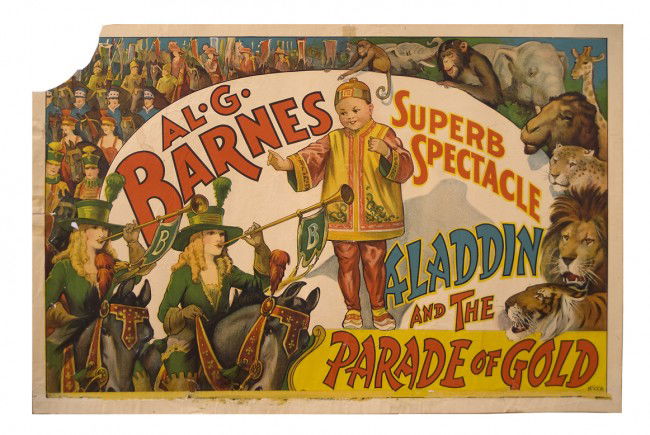 Al G. Barnes Superb Spectacle Circus poster ca 1939: Al G. Barnes Superb Spectacle. Erie, Erie Litho. Co., ca 1939. Aladdin and the Parade of Gold. One-sheet (41 x 27") color offset poster showing performers and animals from the Barnes circus spectacle