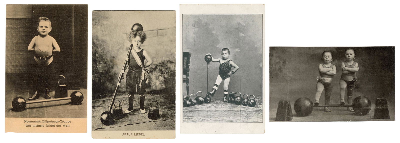 Four postcards of Lilliput and child weightlifters. Includi... (1 of 1)