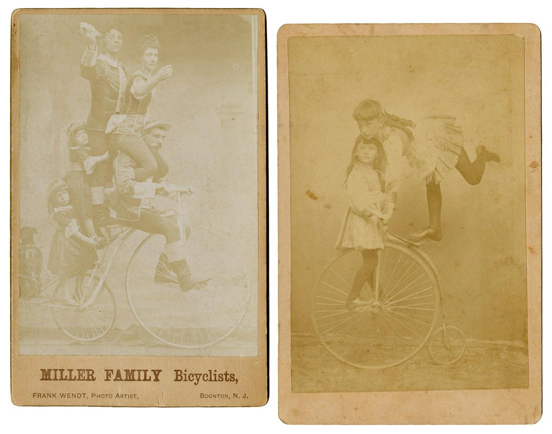Two cabinet photographs of performing bicyclists. Two sepia... (1 of 1)