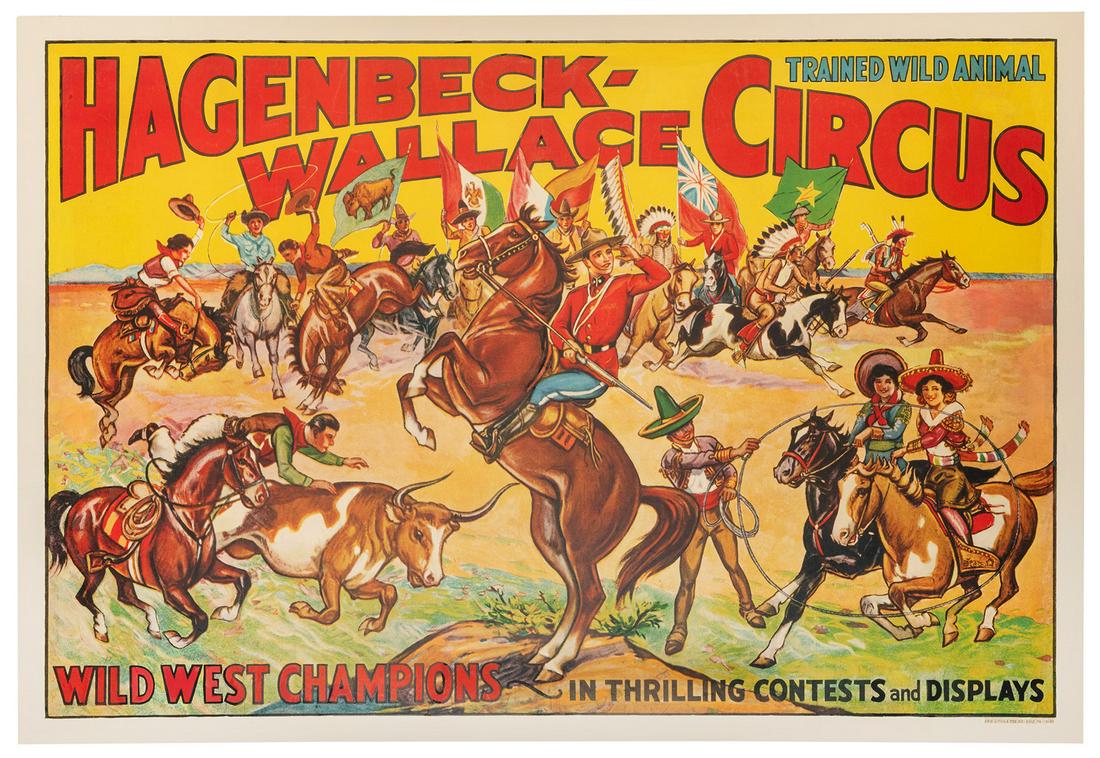 Hagenbeck-Wallace Circus / Wild West Champions. Erie: Erie ...: Hagenbeck-Wallace Circus / Wild West Champions. Erie: Erie Litho Co., 1934. One sheet poster advertising the “Wild West Champions,” among them cowboys and Native Americans. 27 x 41”.