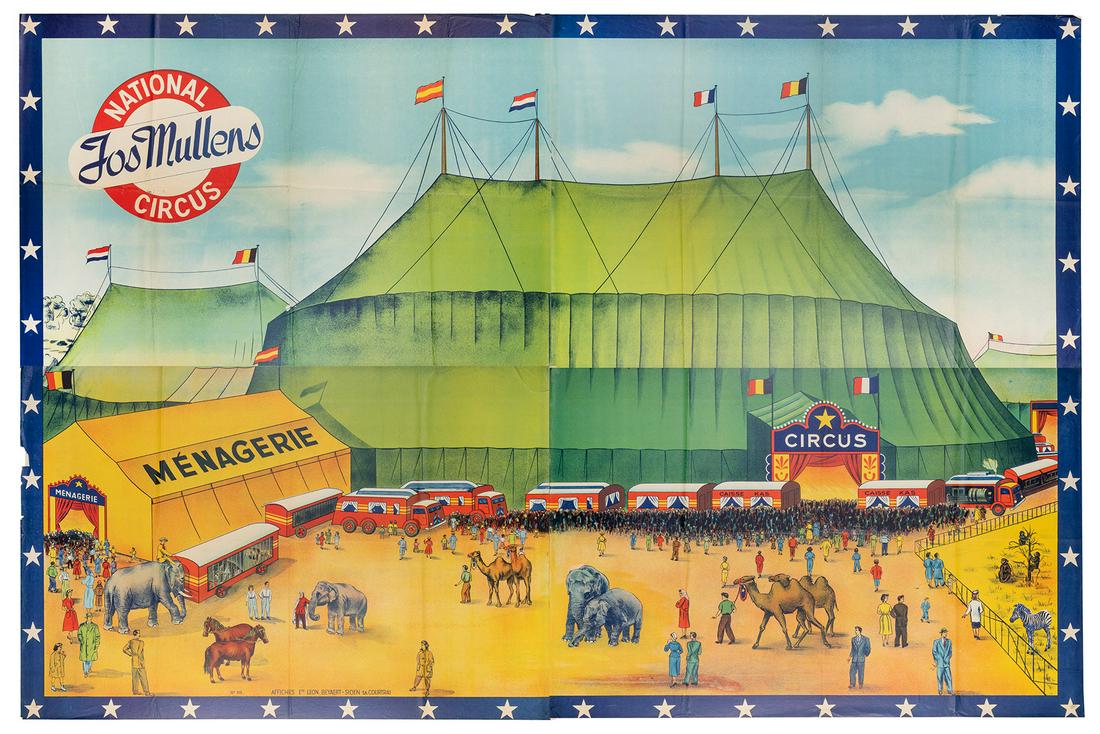 Jos Mullens National Circus. Courtrai: Leon Beyaert, ca. 19...: Jos Mullens National Circus. Courtrai: Leon Beyaert, ca. 1950s. Belgian circus poster, color lithograph, depicting the Big Top tent and menagerie, with animals and visitors crowded outside. 84 x 56 &#