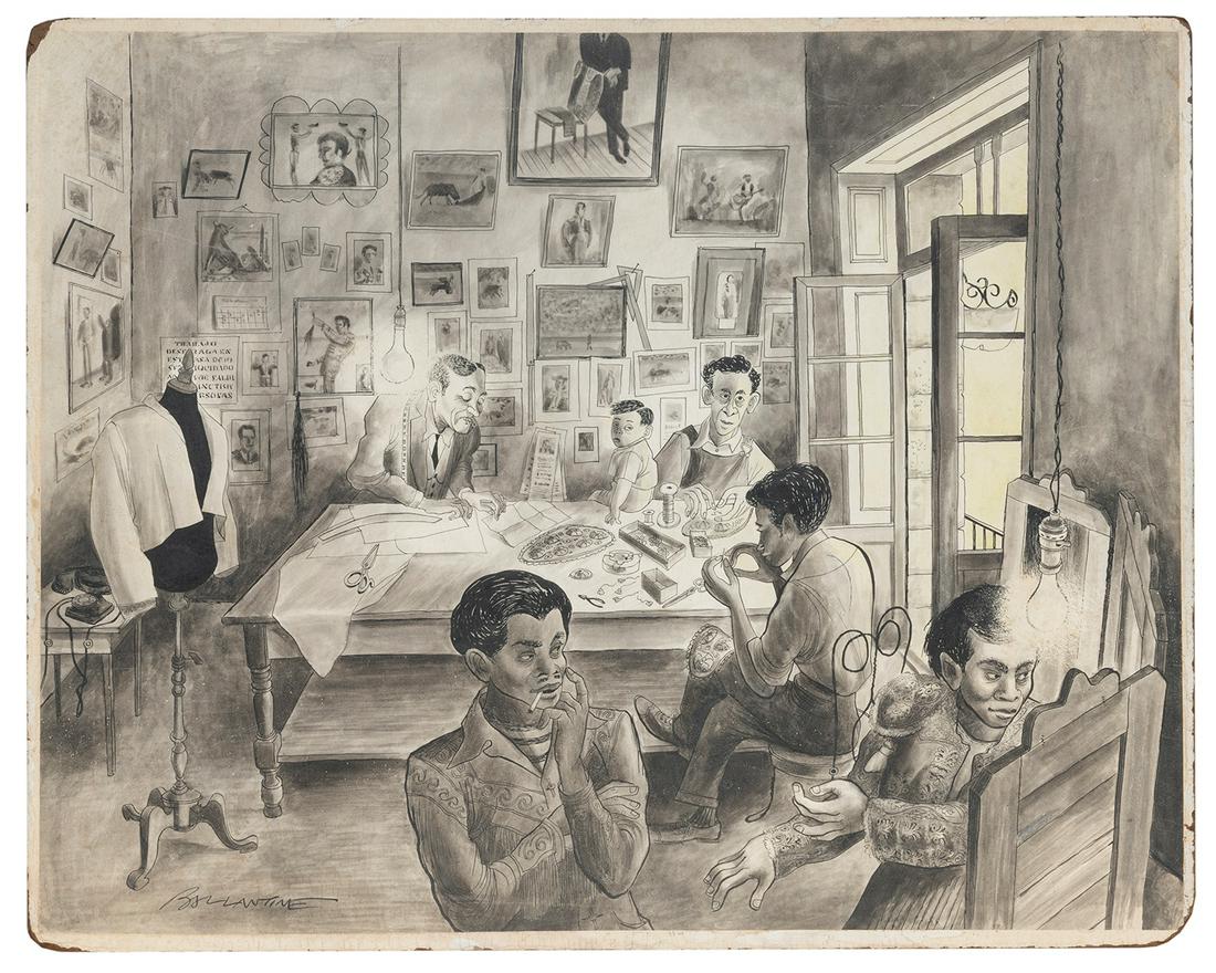 BALLANTINE, Bill (1910-1999). Tailor illustration for “The ...: BALLANTINE, Bill (1910-1999). Tailor illustration for “The Brave Kids,” True Magazine, August 1951. Watercolor and ink on Masonite (Bone Board label to reverse). SIGNED at lower left. Fine