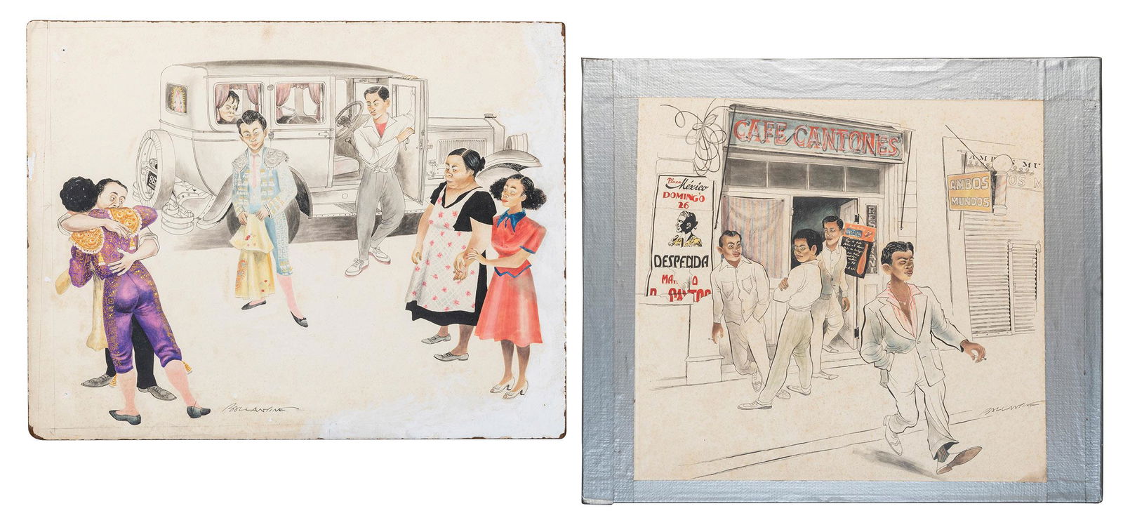 BALLANTINE, Bill (1910-1999). Two illustrations for “The Br...: BALLANTINE, Bill (1910-1999). Two illustrations for “The Brave Kids,” True Magazine, August 1951. Watercolor and ink on Masonite (Bone Board labels to verso). Both pieces SIGNED “Bal