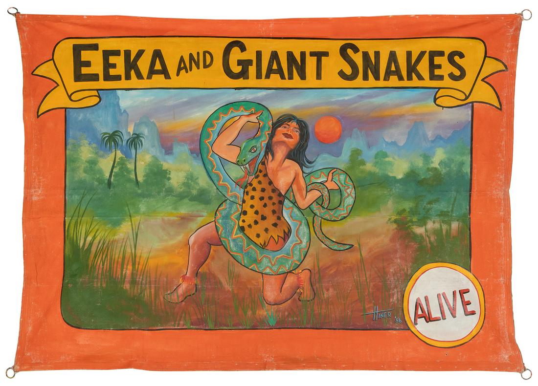 HINER, John. Eeka and the Giant Snakes Sideshow Banner. (1 of 2)