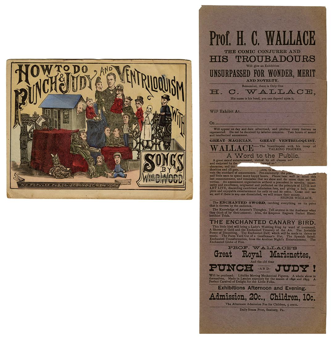 WOOD, Will B. How to Do Punch & Judy and Ventriloquism. New...: WOOD, Will B. How to Do Punch & Judy and Ventriloquism. New York: N.Y Popular Pub. Co., ca. 1889. Hand-colored engraved wrappers. [16]pp. Booklet with four song lyrics (the latest copyrighted 1889), h