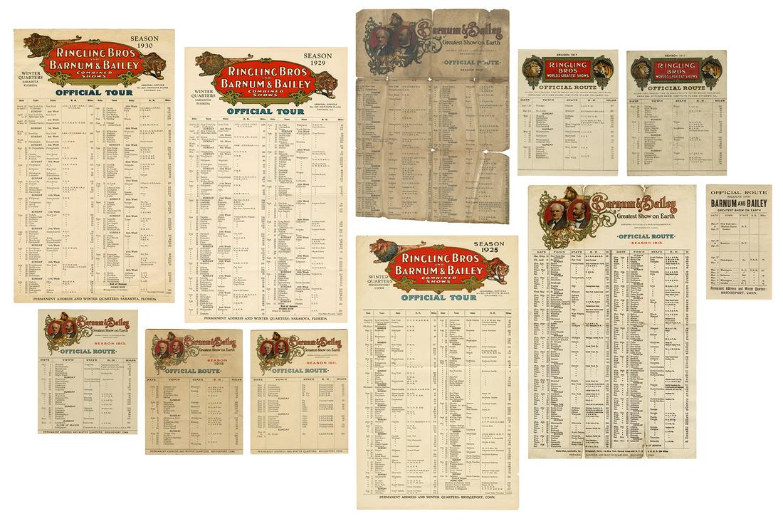 [CIRCUS]. A group of 10 route cards. Circa 1910s/30s. Color... (1 of 1)