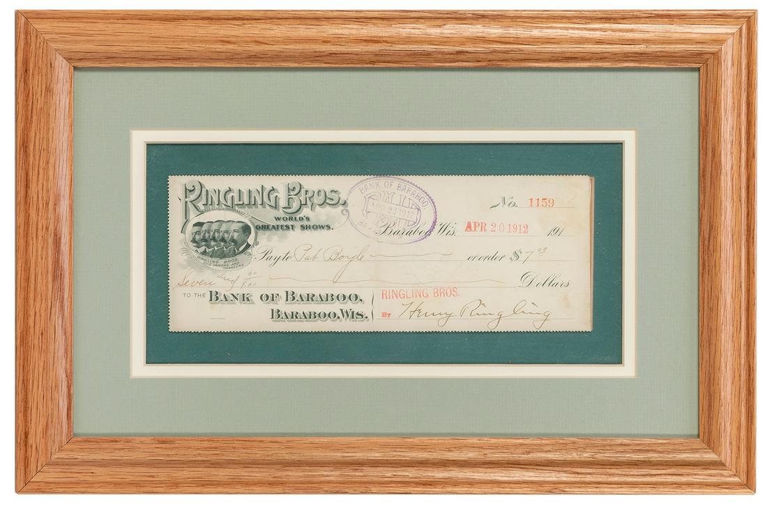 RINGLING, Henry (1868-1918). Check signed by Henry Ringling... (1 of 1)