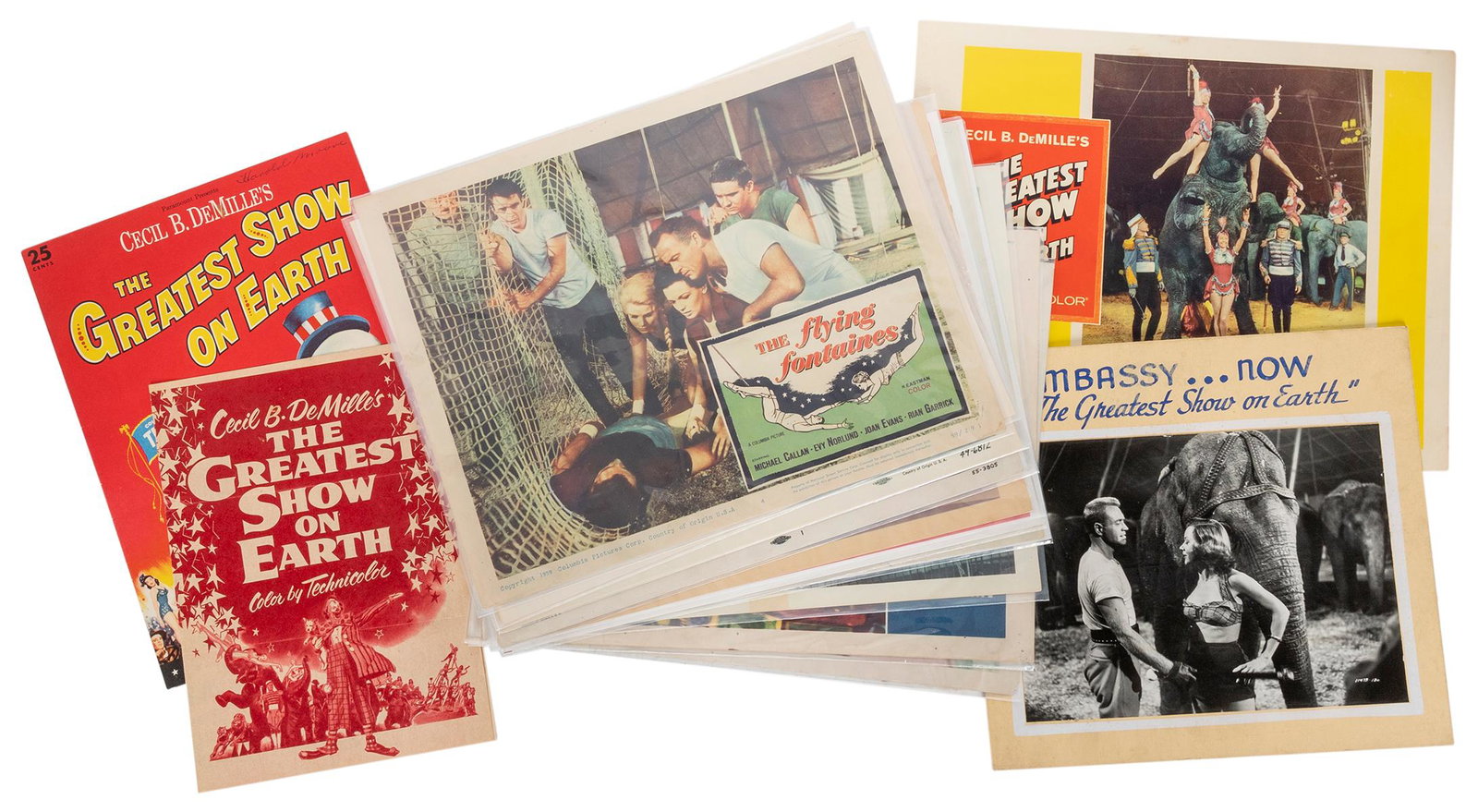 Group of 20 circus film lobby cards, stills, and pamphlets....: Group of 20 circus film lobby cards, stills, and pamphlets. 1950s. Publicity materials for The Big Cage, Carnival Lady, Carnival Story, Circus Girl, The Flying Fontaines, The Greatest Show on Earth, K