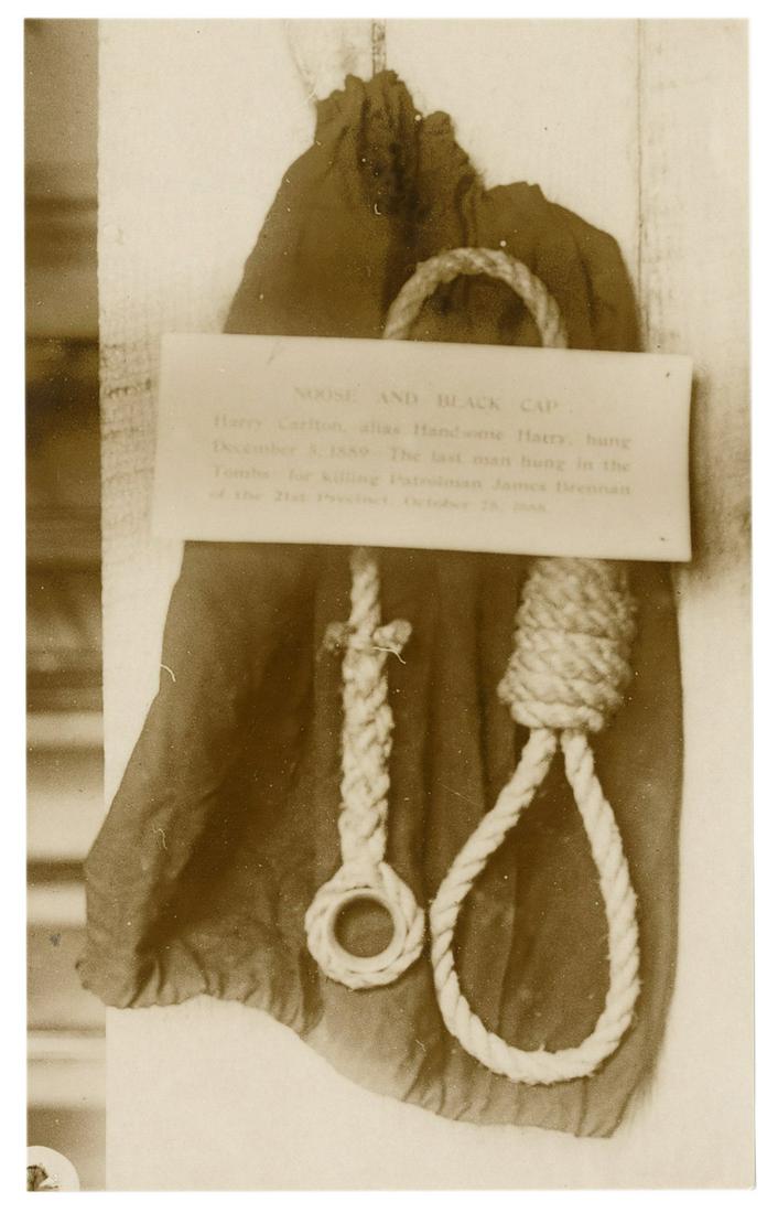 [CRIME]. Photograph of the noose and cap used to hang “Hand...: [CRIME]. Photograph of the noose and cap used to hang “Handsome Harry,” last legal execution by hanging in New York City. Circa early 20th century. Gelatin photograph, stamped “P-J P