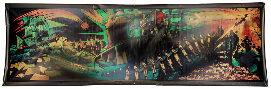 Chase Scene Screen-Used Banner from Cloud Atlas. Original v...: Chase Scene Screen-Used Banner from Cloud Atlas. Original vinyl banner with imagery rendered in graphic style depicting the narrative arc of the film, from Adam Ewing’s opening sequence at sea