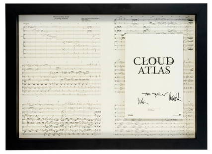 The Cloud Atlas Sextet Signed Sheet Music. Sheet music in s...: The Cloud Atlas Sextet Signed Sheet Music. Sheet music in shadow box with Cloud Atlas logo card. Framed 13 ¾ x 19”. SIGNED ON LOGO CARD BY COMPOSERS TOM TWYKER, JOHNNY KLIMEK, AND REINHOLD