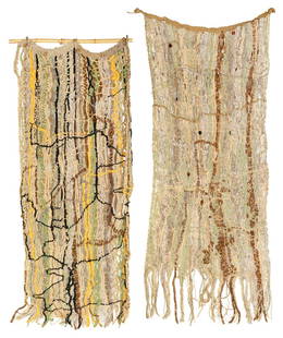 A Pair of Screen-Used Woven Drapery Props from Cloud Atlas....: A Pair of Screen-Used Woven Drapery Props from Cloud Atlas. Original woven drapery props with beaded elements, one of which is mounted on a bamboo stick and can be seen behind Meronym (Halle Berry) in