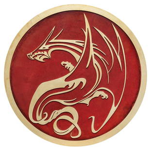 Abrasax Family Crest Screen-Used Prop from Jupiter Ascendin...: Abrasax Family Crest Screen-Used Prop from Jupiter Ascending. Original screen-used crest prop depicting a stylized dragon rendered in gold against a red background with a golden border. Diam.