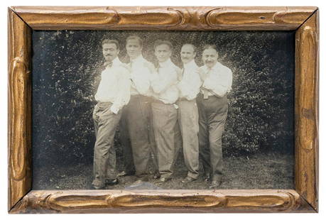 HOUDINI, Harry (Ehrich Weisz). Houdini and the Weiss Brothe...: HOUDINI, Harry (Ehrich Weisz). Houdini and the Weiss Brothers Family Photograph. Circa 1911. Candid sepia tone photograph of the five Weiss brothers, including Houdini, standing next to each other in