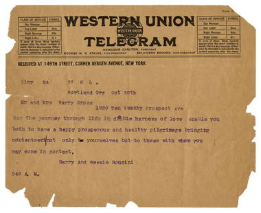 HOUDINI, Harry and Beatrice. Congratulatory Wedding Telegra...: HOUDINI, Harry and Beatrice. Congratulatory Wedding Telegram from Houdini and his Wife. Sent from Portland, Oregon on October 30, 1914, Houdini and Bess write to their family members congratulating