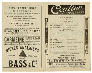 HOUDINI, Harry (Ehrich Weisz). Houdini Alhambra Theater Pro...: HOUDINI, Harry (Ehrich Weisz). Houdini Alhambra Theater Program. Paris, ca. 1905. Houdini appears as the 14th act on a 19-part bill, with the program mentioning his recent triumph in the Mirror Cuff