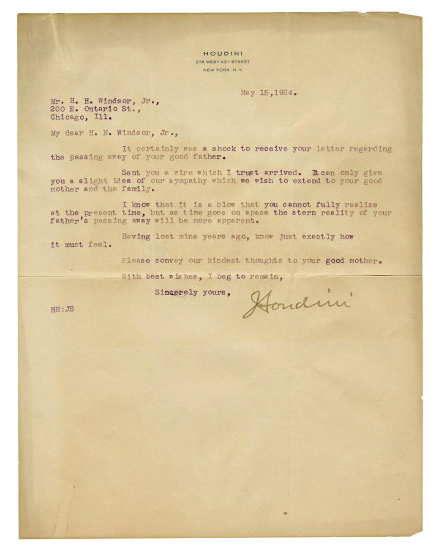 HOUDINI, Harry (Ehrich Weisz). Houdini Typed Letter, Signed... (1 of 1)