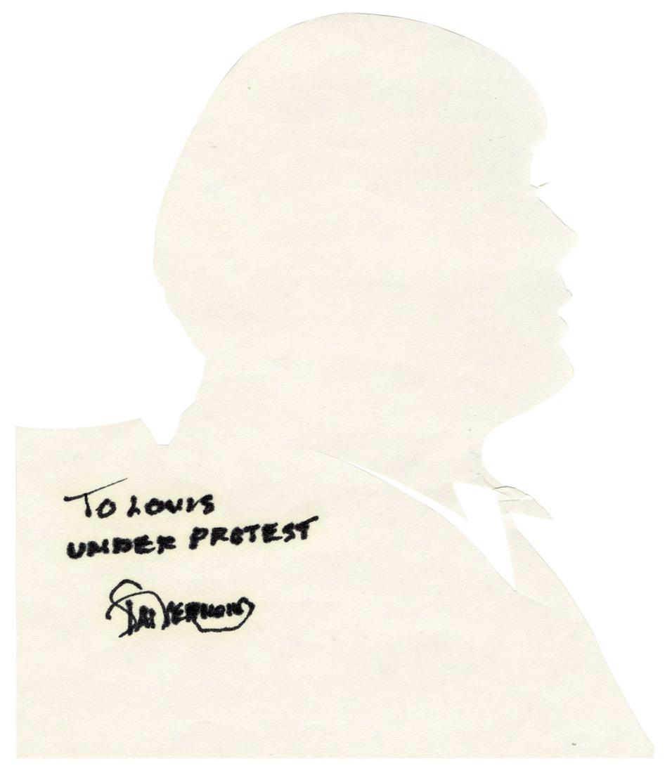 VERNON, Dai (David Frederick Wingfield Verner). Vernon Silh...: VERNON, Dai (David Frederick Wingfield Verner). Vernon Silhouette of Louis Falanga. 1970s. A silhouette of magic book and video producer Louis Falanga scissor-cut by Dai Vernon on white paper. Signed