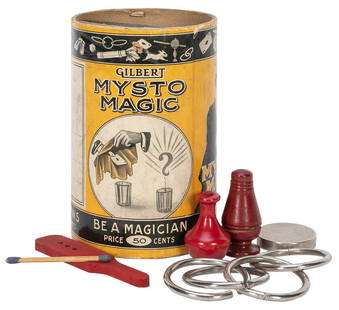 Mysto Magic Parcel Post Magic Set.: Mysto Magic Parcel Post Magic Set. New Haven: A.C. Gilbert Co., ca. 1917. Magic set composed of Marble Vase, Jumping Peg, Coin Box, Mysto coin with shell, and other pocket tricks. Handsome lithographe