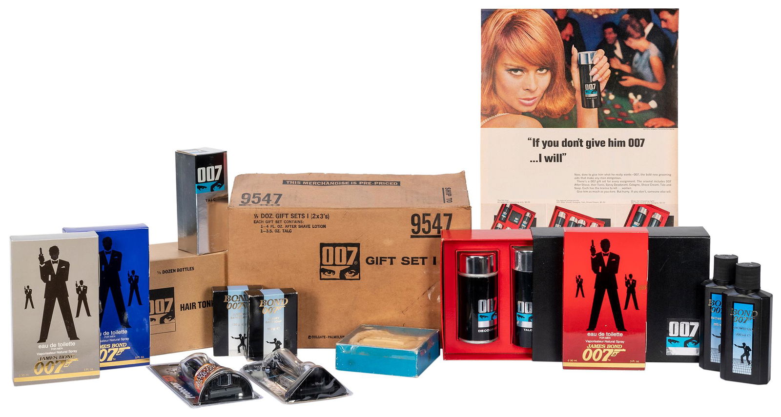 [JAMES BOND-GROOMING PRODUCTS]. Group of New Old Stock Jame...: [JAMES BOND-GROOMING PRODUCTS]. Group of New Old Stock James Bond 007 Cologne, Talc, Soap, and Grooming Products. Collection of grooming products, filling a plastic tub, in original 007 boxes and pack