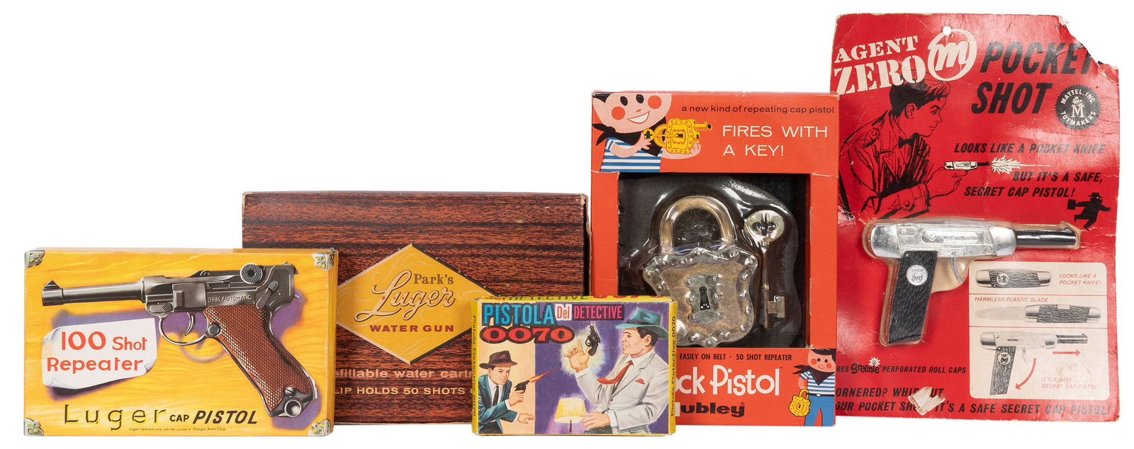 Group of 10 Spy and Gun Toys. V.p. (including USA, Japan, H...: Group of 10 Spy and Gun Toys. V.p. (including USA, Japan, Hong Kong, Spain), bulk 1960s/70s. Group of toy detective and spy pistols including snub-nose, Luger, and knock-off 007/James Bond examples. M