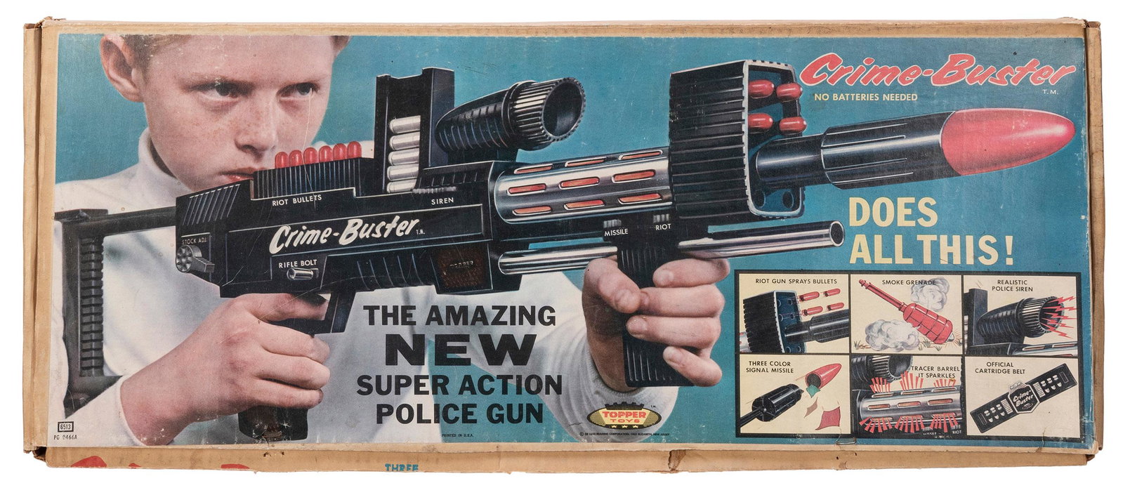 Topper Crime Buster Super Action Police Gun. Topper Toys, 1...: Topper Crime Buster Super Action Police Gun. Topper Toys, 1965. Crime-buster rifle action toy in original cardboard box with pictorial paper label to lid, apparently complete or near-complete with the
