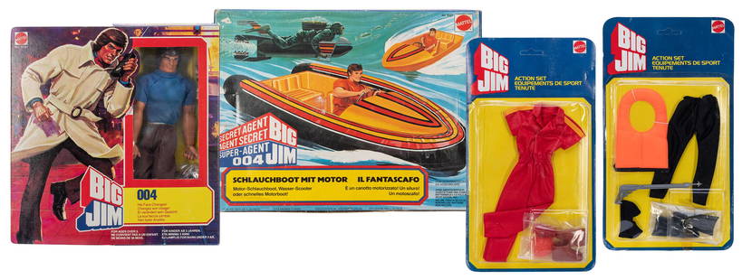 Mattel Big Jim 004 Action Figure, Action Sets, and Sea Jet....: Mattel Big Jim 004 Action Figure, Action Sets, and Sea Jet. Mattel, 1979-83. Four Mattel Big Jim toys, including Big Jim 004 Action Figure (No. 5101) with face-changing disguises, in original box; two