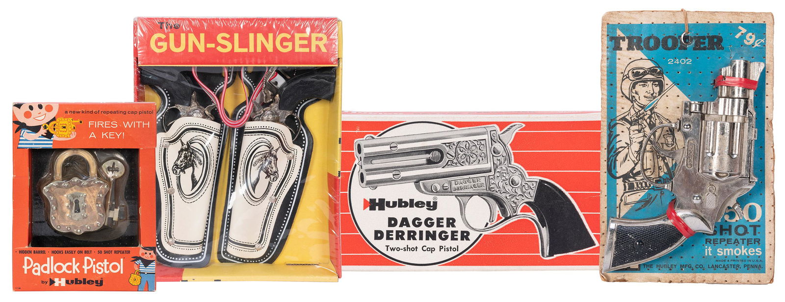 Four Hubley Toy Guns in Original Boxes. Including The Gun-S...: Four Hubley Toy Guns in Original Boxes. Including The Gun-Slinger Western Holster Set, double cap pistol set and belt holster SEALED in original box; Dagger Derringer Cap Pistol in original box; Troop
