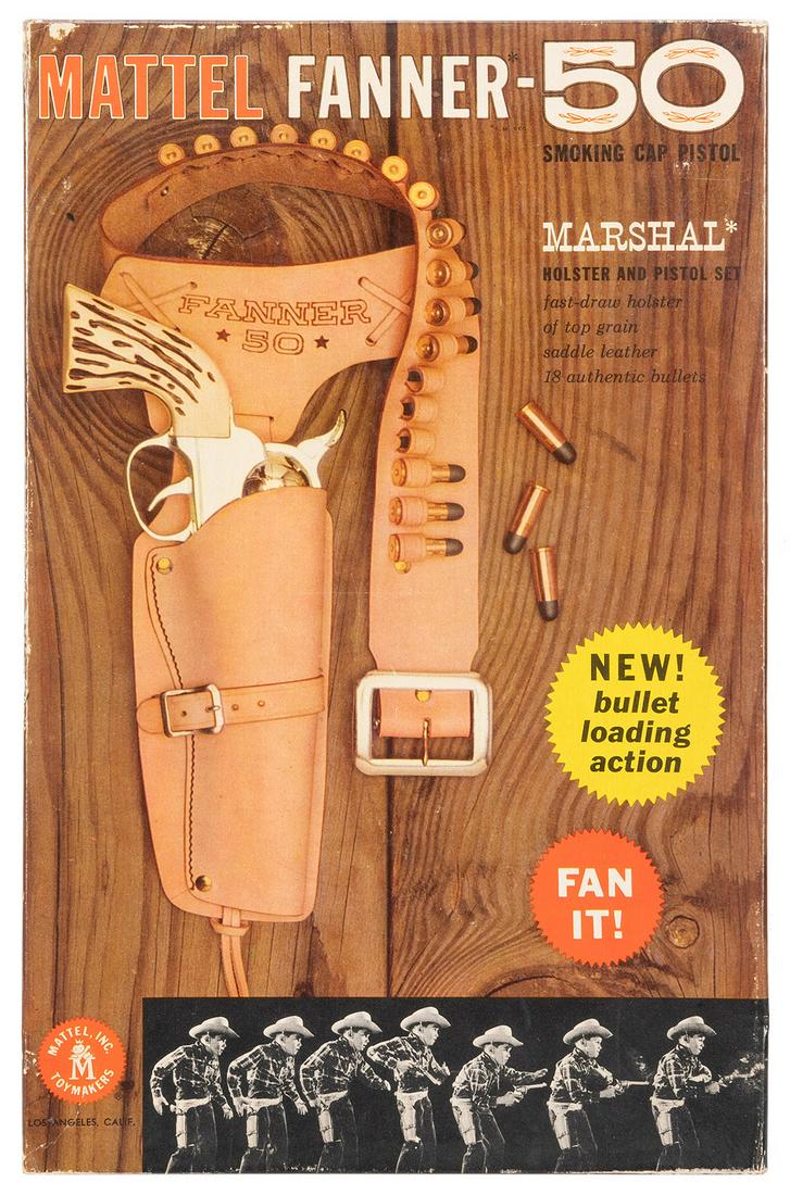 Mattel Fanner-50 Marshal Holster and Pistol Set with Box. U...: Mattel Fanner-50 Marshal Holster and Pistol Set with Box. USA: Mattel, Inc. Smoking cap pistol with original holster, metal play bullets, instructions, and box. Box sturdy with clean graphics, slightl