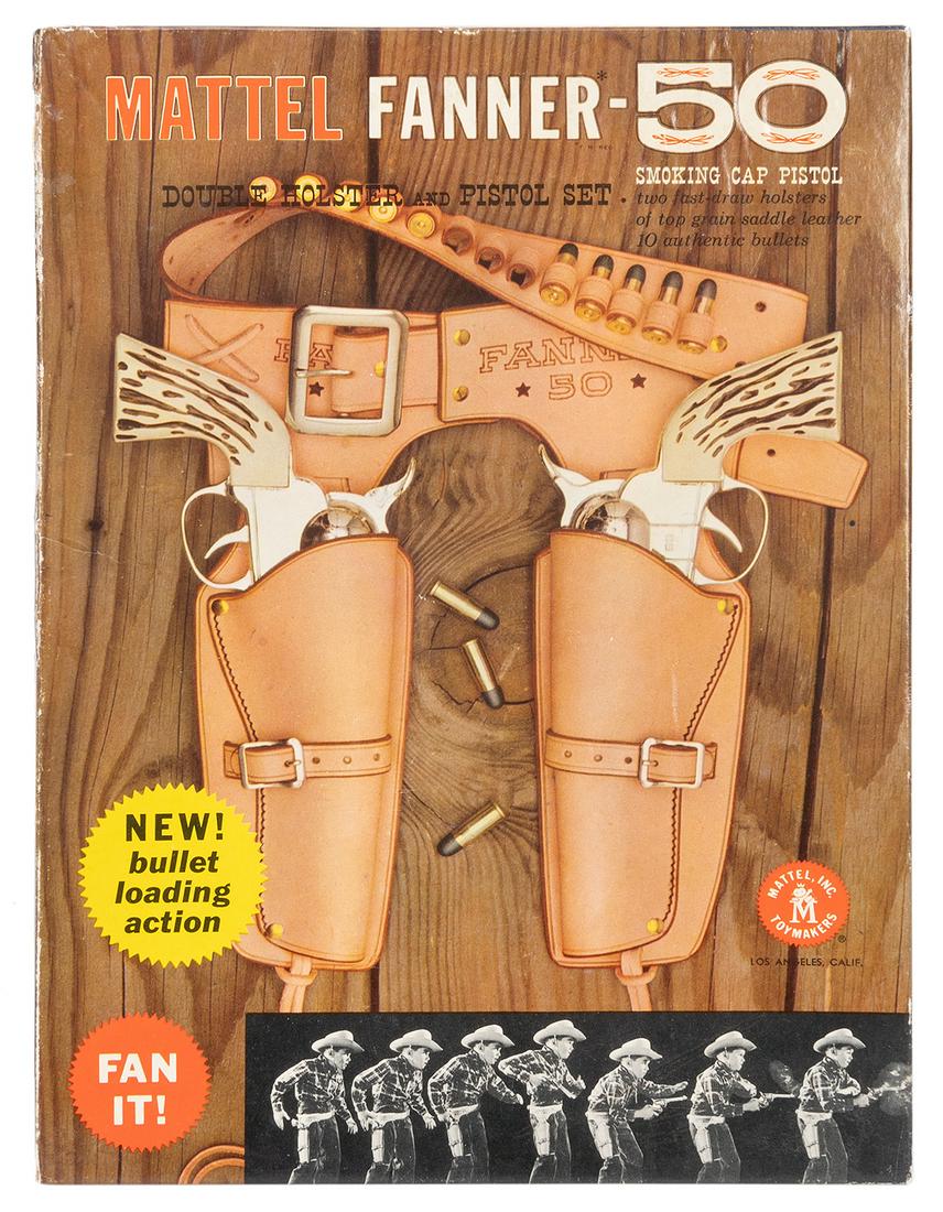 Mattel Fanner-50 Double Holster and Pistol Set with Box. US...: Mattel Fanner-50 Double Holster and Pistol Set with Box. USA: Mattel, Inc. Double smoking cap pistol set with holster and play bullets, in original box. Box top clean and sturdy, bottom bowing and wit