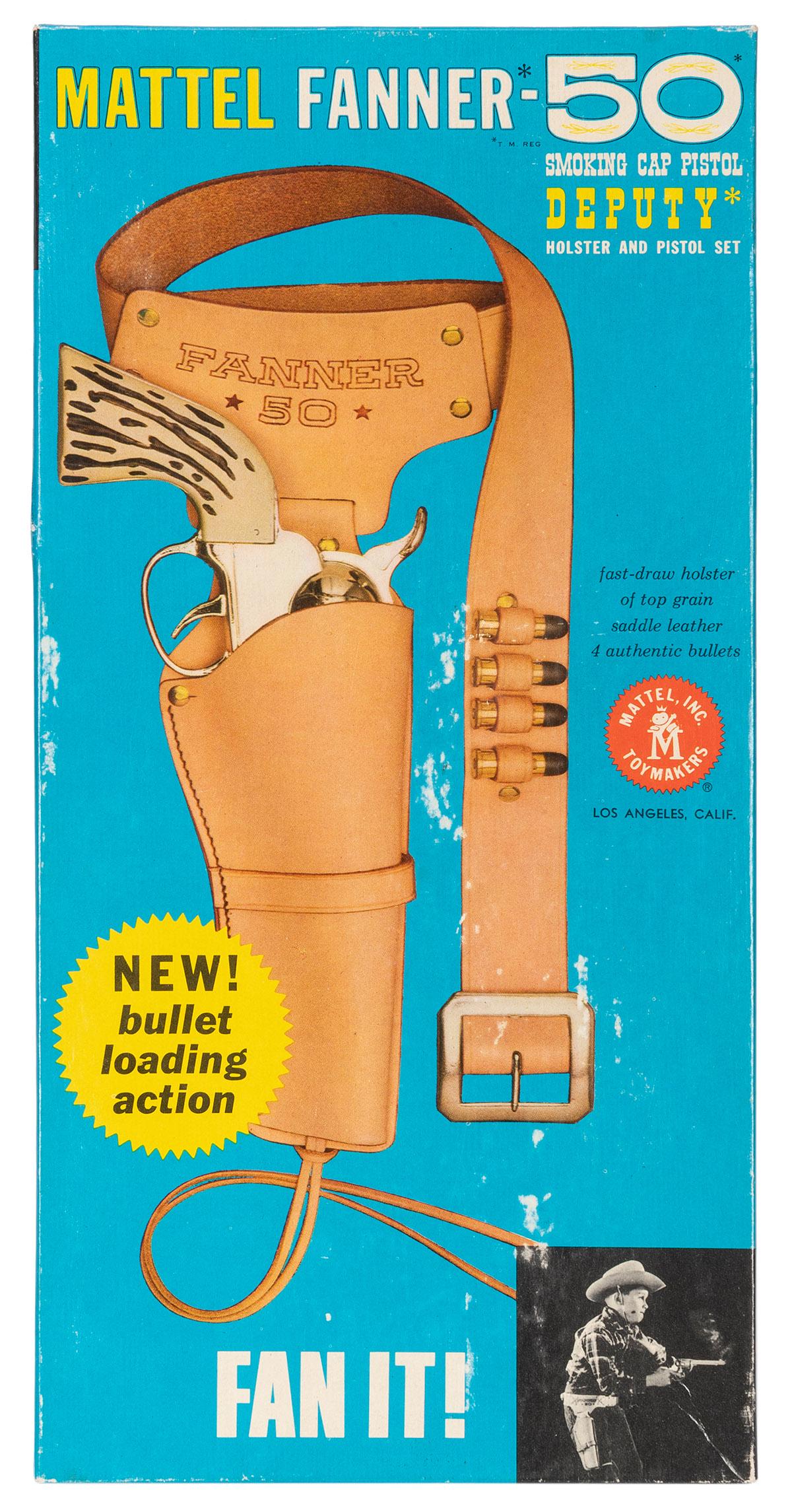 Mattel Fanner-50 Deputy Smoking Cap Pistol and Holster Set....: Mattel Fanner-50 Deputy Smoking Cap Pistol and Holster Set. USA: Matted, Inc. Smoking cap pistol in leather belt holster, with leather care booklet and instructions sheet, in sharp original box, conte