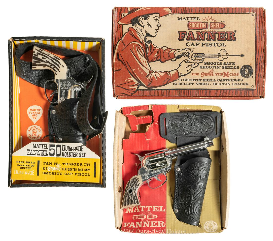 Three Mattel Fanner “Shootin’ Shell” Cap Pistols in Origina...: Three Mattel Fanner “Shootin’ Shell” Cap Pistols in Original Boxes. USA: Mattel, Inc. Including a Mattel Fanner Dura-Hyde Holster Set; Mattel Fanner-50 Dura-Hyde Holster Set; and Mat