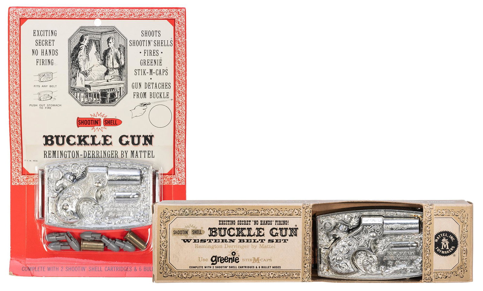 Mattel Buckle Gun Remington Derringer Sets in Original Pack...: Mattel Buckle Gun Remington Derringer Sets in Original Packaging. USA: Mattel Inc., 1958/59. Two Western-style belt buckle-worn toy Remington Derringer with “shootin’ shells” that fi