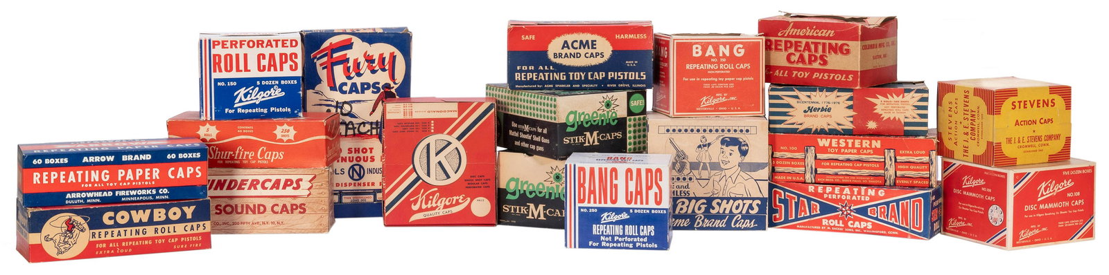 [CAP GUNS]. Collection of Store Display Boxes of Western To...: [CAP GUNS]. Collection of Store Display Boxes of Western Toy Cap Gun Caps. American, v.d. (ca. 1950s/60s). Magnificent collection of retail display boxes, all generally full or nearly full with indivi
