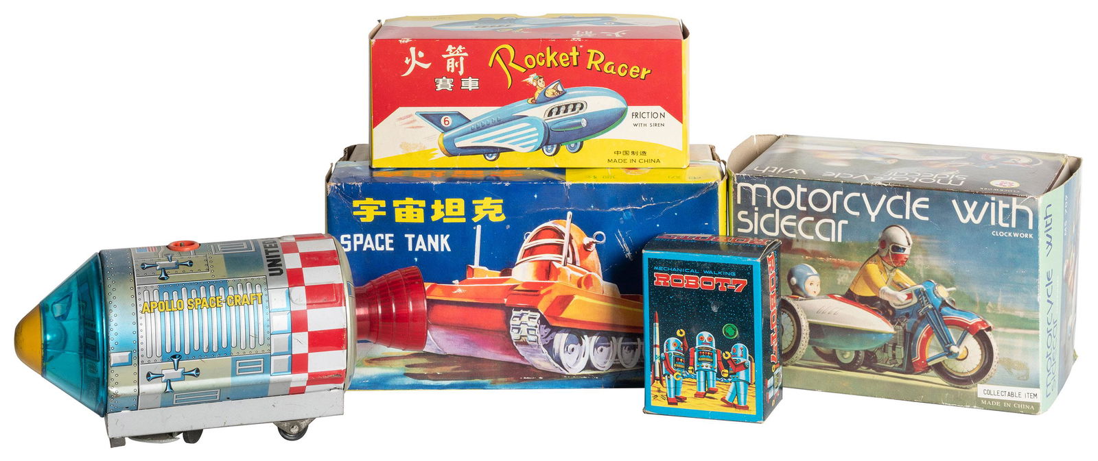 Group of 5 Mid-Century Tin Litho Space and Motorcycle toys.... (1 of 1)