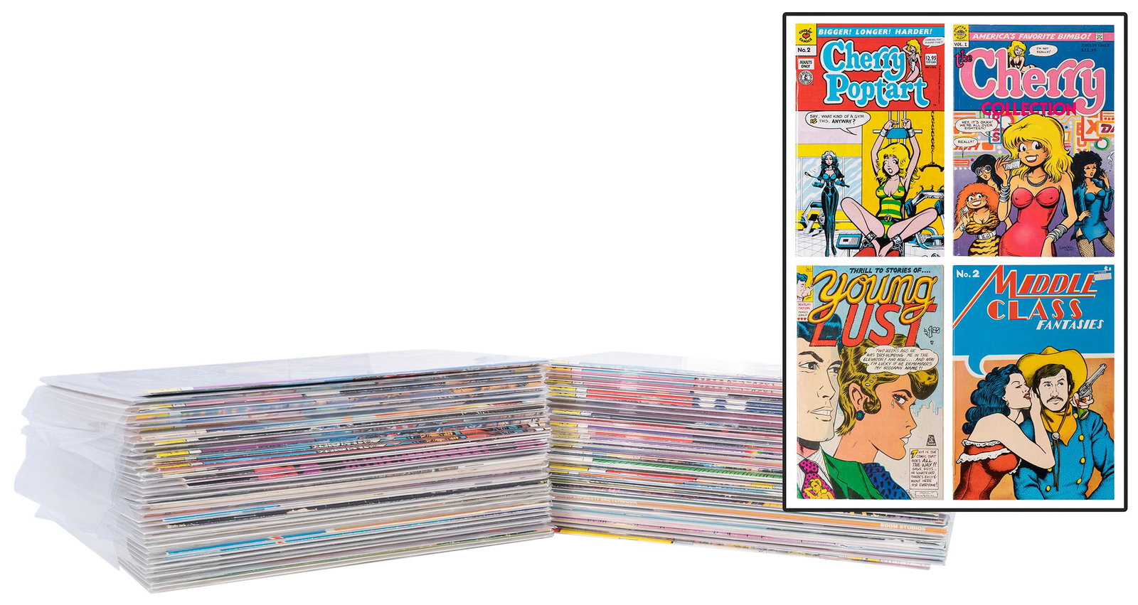 [EROTIC COMICS]. Group of erotic and “adults only” comics. ...: [EROTIC COMICS]. Group of erotic and “adults only” comics. Including (38) issues of Cherry, Cherry’s Jubille, and Cherry Pop-Tart (1993 printings); and (36) assorted vintage adult an