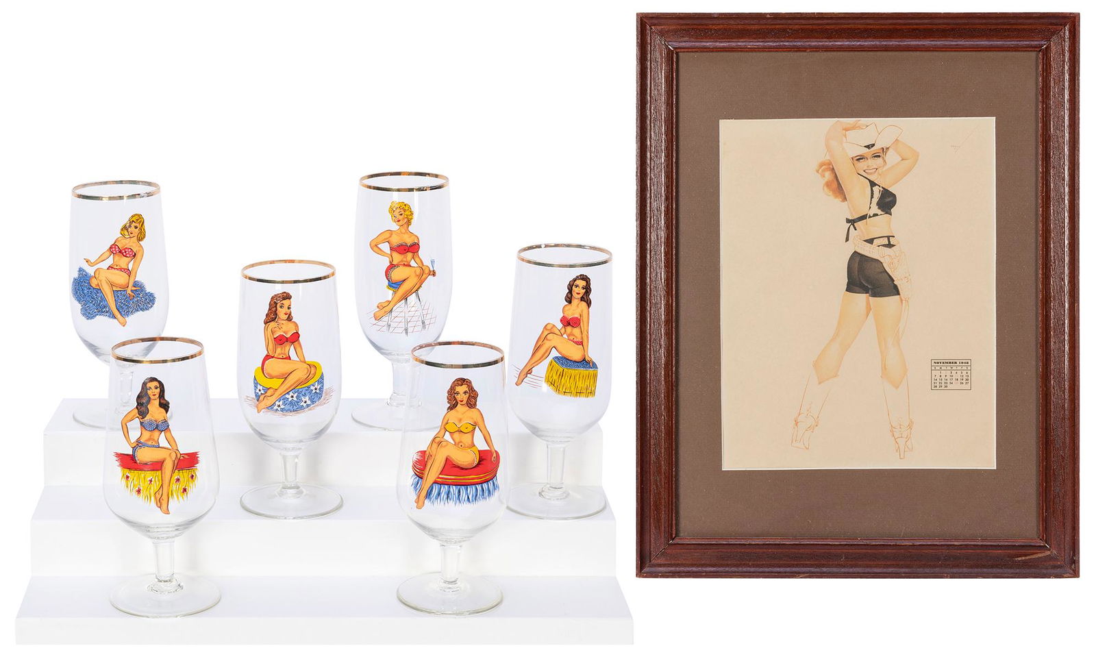 [PIN-UP]. Group of pin-up prints and glassware. Including a... (1 of 2)