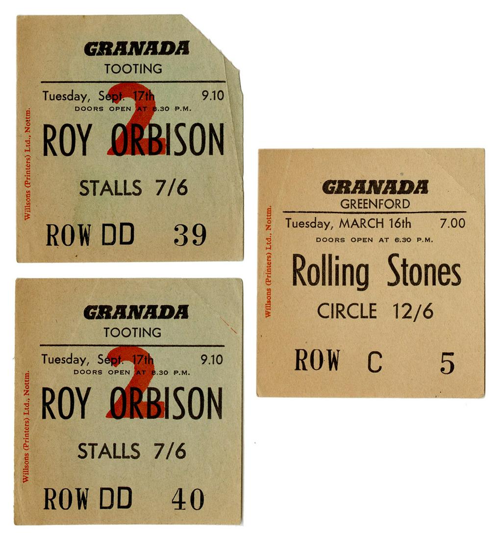 [CONCERT TICKETS]. Original Tickets for Performances by Roy...: [CONCERT TICKETS]. Original Tickets for Performances by Roy Orbison and the Rolling Stones. 1960s. Group of original concert ticket stubs including 2 tickets for performances by Roy Orbison, and 1 tic