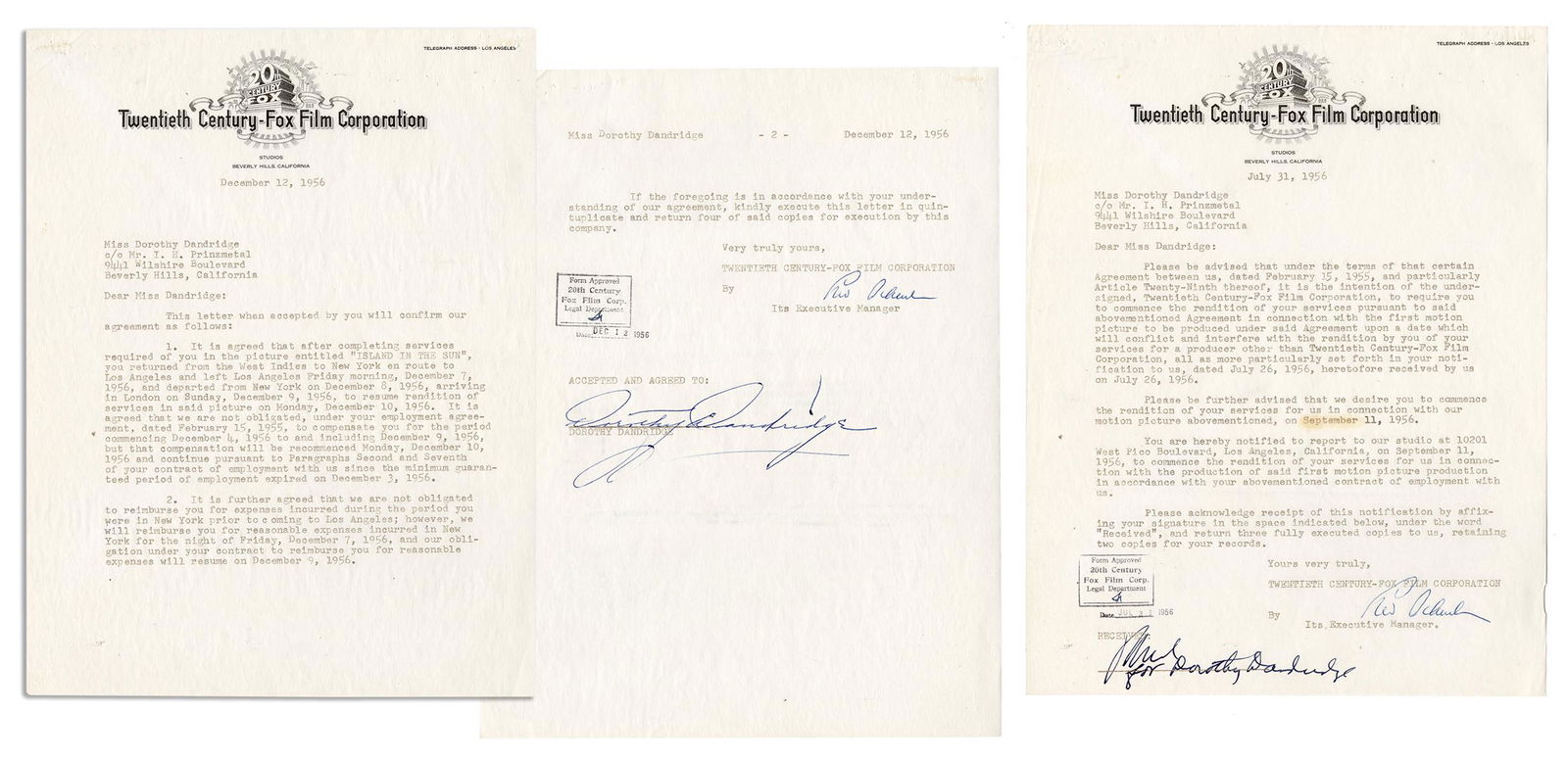 DANDRIDGE, Dorothy (1922–1965). Typed document signed (“Dor... (1 of 1)