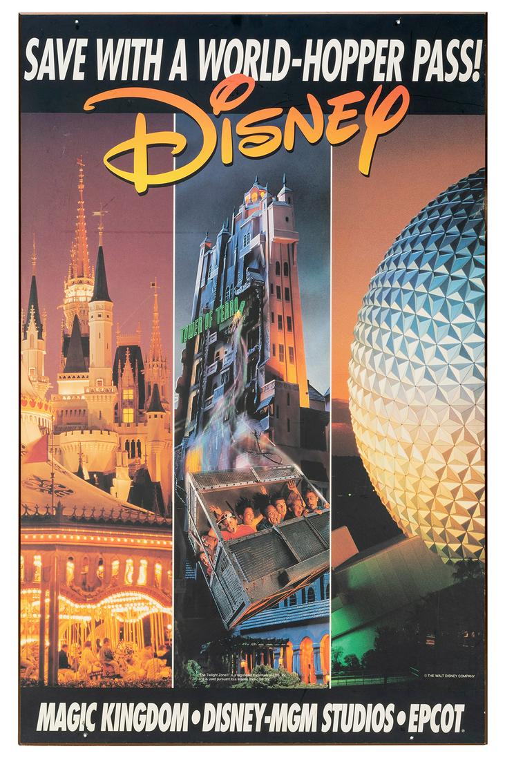 Walt Disney World Save with a Park Hopper Pass Sign. 1990s....: Walt Disney World Save with a Park Hopper Pass Sign. 1990s. Original sign advertising the Park Hopper Pass, which allows visitors to explore more than one park per day. 23 x 36”. Expected wear f