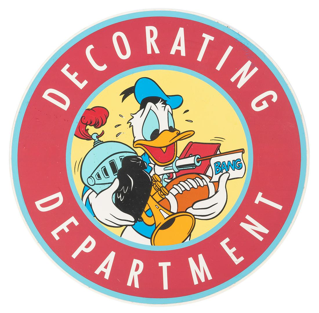 Decorating Department Prototype Sign. Prototype foam board ...: Decorating Department Prototype Sign. Prototype foam board sign depicting a sweating Donald Duck carrying an armful of costumes. Diam. 8”. Expected wear from age and use.