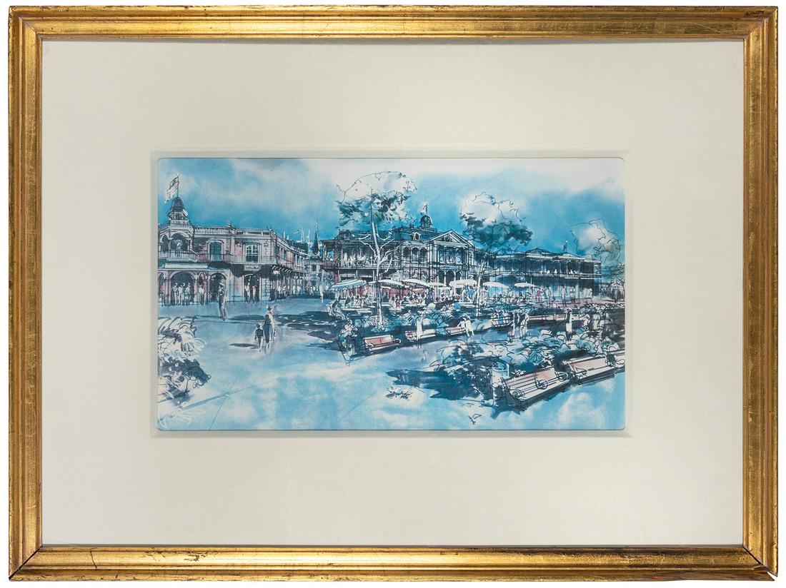 RYMAN, Herb (1910-1989). Disneyland Hotel New Orleans Squar...: RYMAN, Herb (1910-1989). Disneyland Hotel New Orleans Square. Circa 1980s. Lithograph on paper depicting Disneyland’s New Orleans Square on a sunny afternoon. Matted and framed, 28 ½ x 38&#